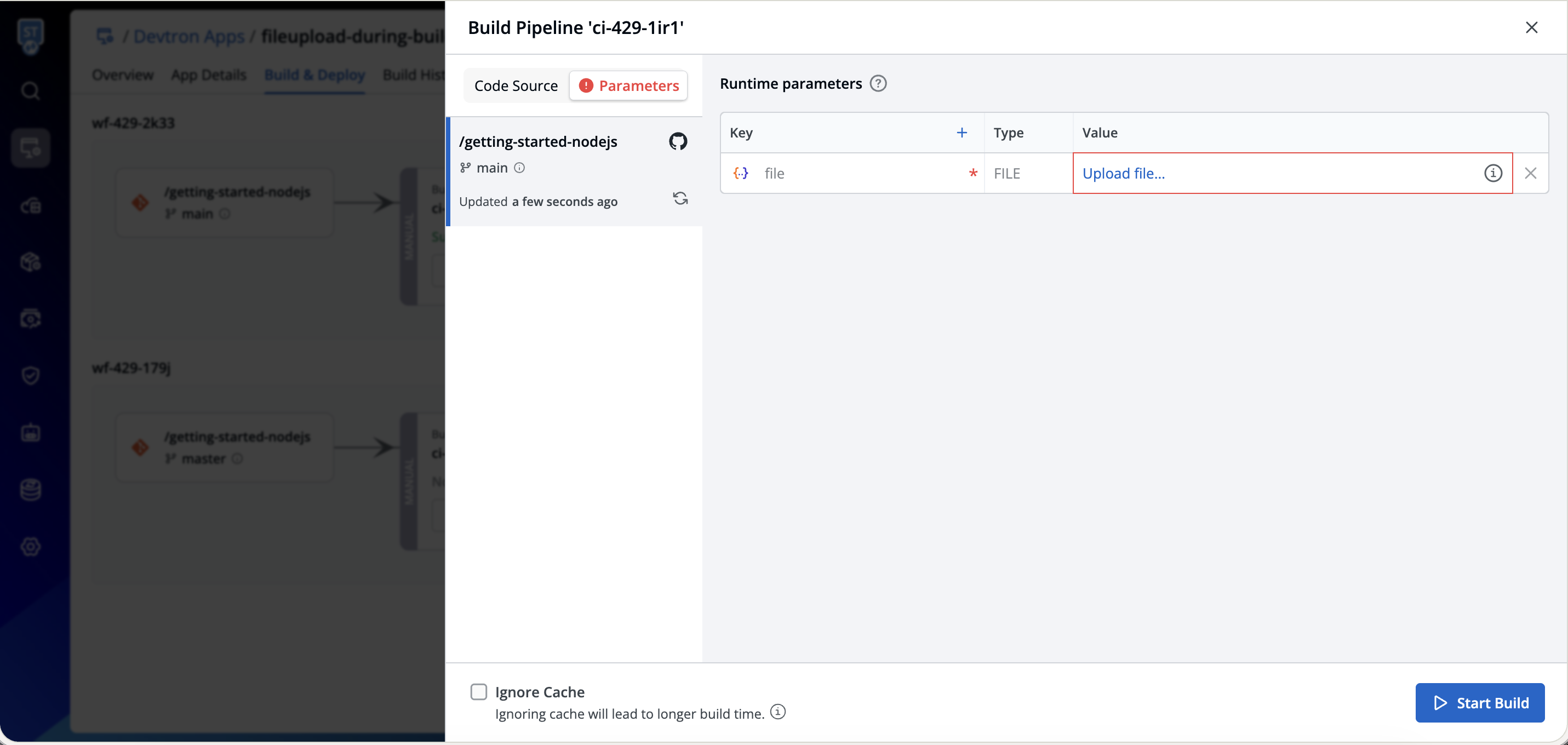 Runtime parameters tab showing mandatory file upload prompt