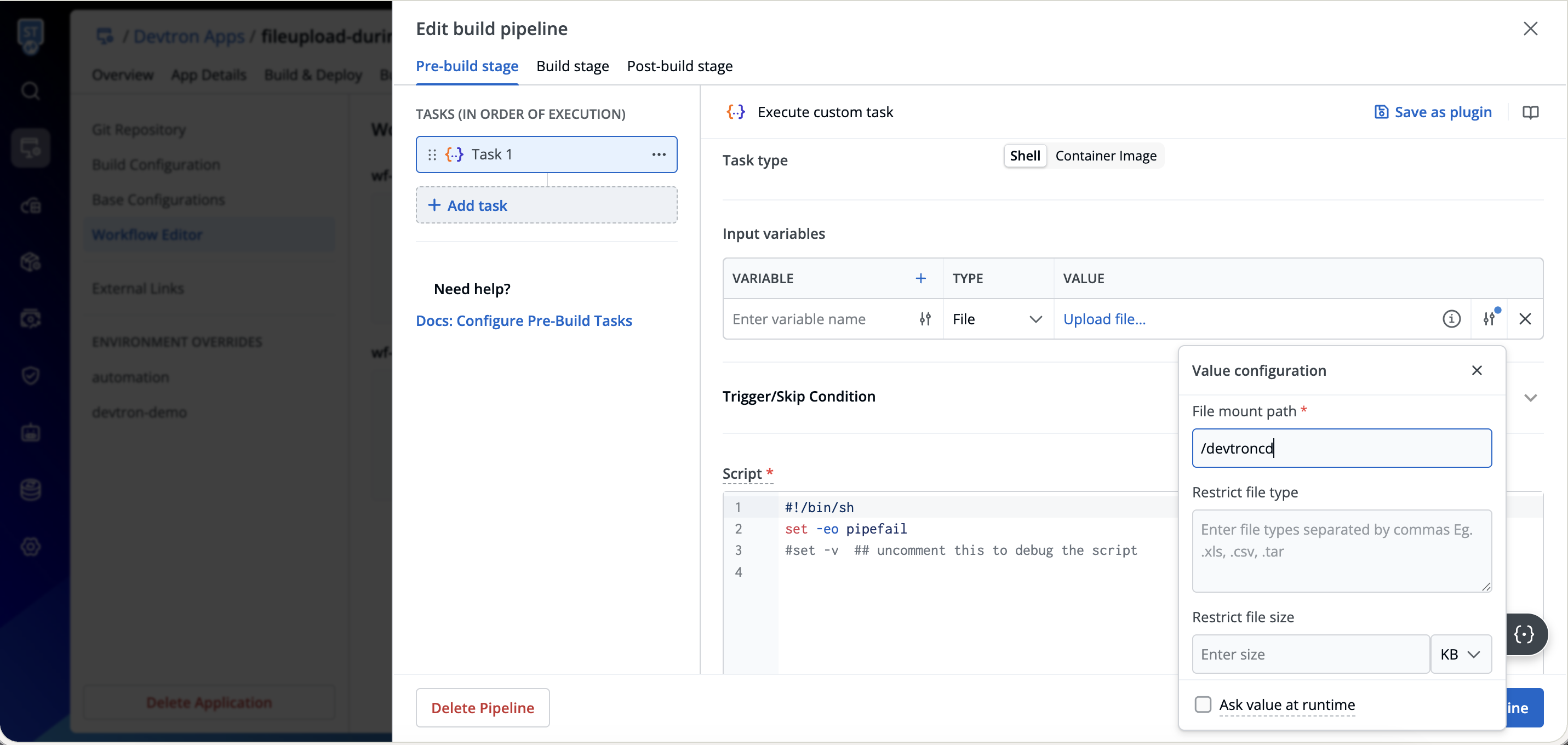 File variable configuration panel